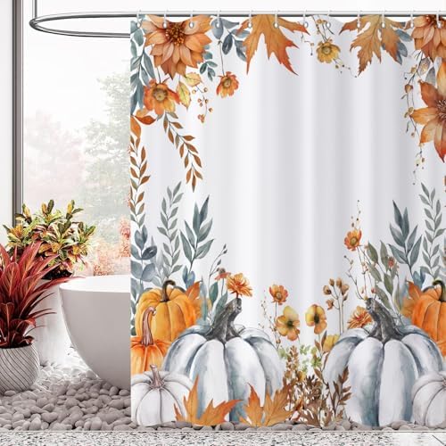 Fall Pumpkin Shower Curtain, Watercolor Autumn Pumpkins Wildflowers Plants Maple Leaves Harvest Thanksgiving Day Bathroom Curtain Waterproof Fabric Machine Washable with Hooks, 65" Wx72 L - Image 3