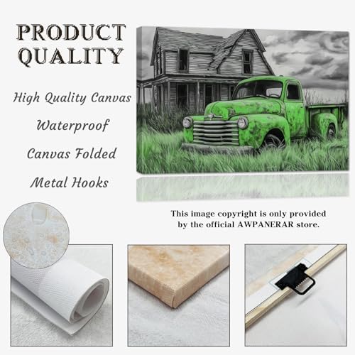 AWPANERAR Rustic Farmhouse Wall Decor Old Truck Canvas Print Car Painting Vintage Truck Poster Living Room Decor Frame (Green, (24.00" x 36.00")) - Image 6