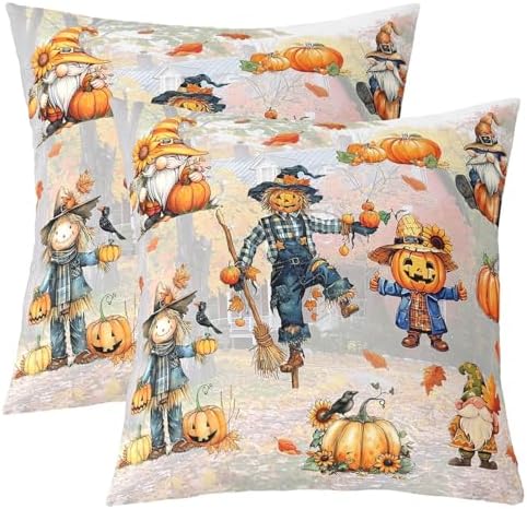 Fall Pumpkin 2 Pack Pillow Covers 16"x16",Rustic Farmhouse Autumn Harvest Pillowcase Double Sides Print Cushion Case,Thanksgiving Scarecrow Sunflower Maple Leaves Throw Pillow Covers by Manfei
