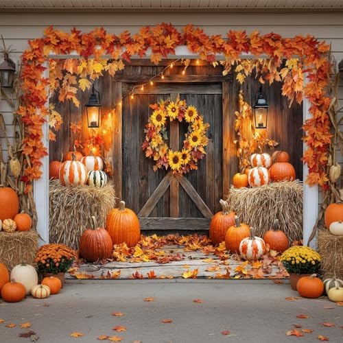 Fall Thanksgiving Garage Door Cover 8x7ft Pumpkin Hay Bale Lantern Decor - Image 4