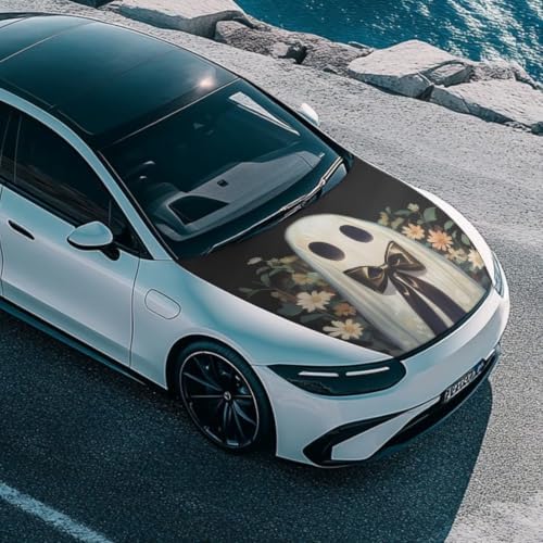 Floral Ghost Car Hood Cover, Wild Flower Removable Automotive Exterior Accessories Halloween Ghost Washable Elastic Car Bonnet All-Season Protection for SUV Sedan