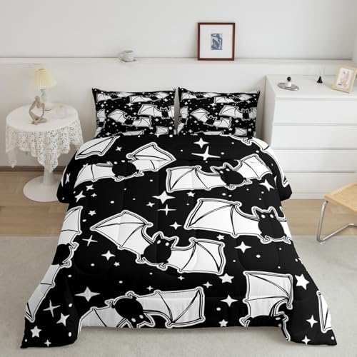 Feelyou Halloween Bedding Set for Girls Boys Kids Toddler Size Black Bats Animal Print Silhouette Comforter Cover Room Decor Happy Holiday Cute Star Print Luxury Duvet Cover Black Quilt Set by Feelyou
