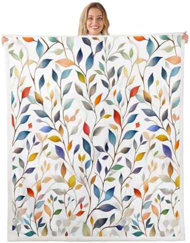 Colorful Leaves Throw Blanket Botanical Plants Farmhouse Fleece Flannel Blankets Kids Boys Girls Room Decor Country Style Bed Blankets for Bed Sofa Couch White Blue Grren Plush Blanket Queen 90"x90" by CastleFairy