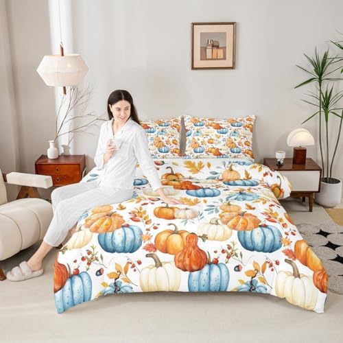 Homewish Harvest Fall Bedding Set Full Size Maple Leaf Pumpkin Comforter Set for Kids Teens Bedroom Decor Vintage Rustic Farmhouse Soft Polyester Quilt Duvet Orange Duvet Insert,2 Pillowcase - Image 2