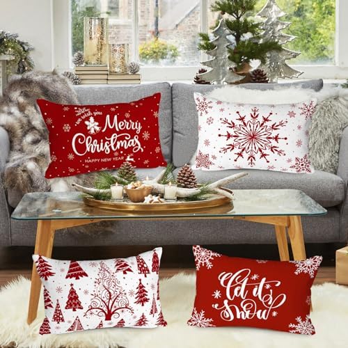 Lanpn Christmas Lumbar Throw Pillow Covers 12x18 Set of 4, Merry Christmas Winter Xmas Snowflake Decorative Holiday Cushion Pillow Cases 12 x 18 for Indoor Farmhouse Home Room Couch Decor (Red) - Image 2