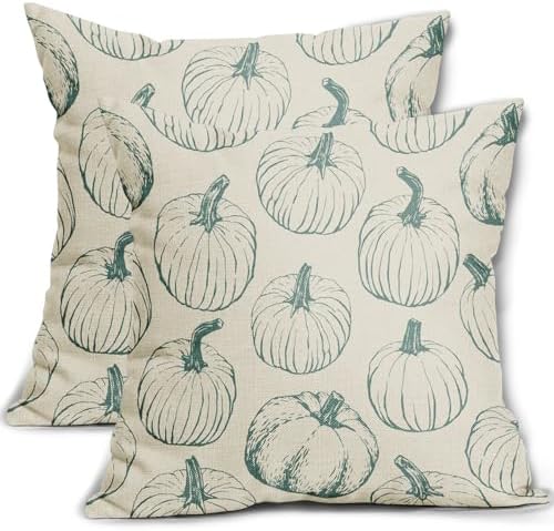 Light Blue Pumpkin Fall Pillow Covers 16x16 Set of 2 Autumn Themed Thanksgiving Harvest Print Decorative Throw Pillows Outdoor Farmhouse Pillowcases Cushion Case Seasonal Decor for Couch Sofa Bed by Aytipun