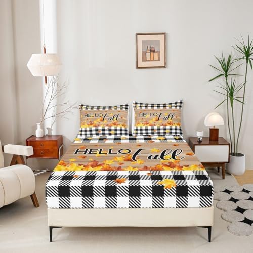 Fall Thanksgiving Fitted Sheet Full Autumn Harvest Seasonal Bed Sheets Gifts For Kids Teen Adults,Black White Buffalo Plaid Checkered Bedding Set Rustic Farmhouse Sheet Set Brown With 2 Pillow Cases - Image 4