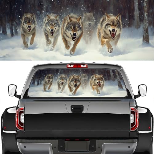Watercolor Running Wolf Rear Window Decals for Trucks, Nature Animal Forest Snow Rustic Window Decal Back Window Tint Graphic Perforated Vinyl Pickup Truck Stickers 66 x 22 inch