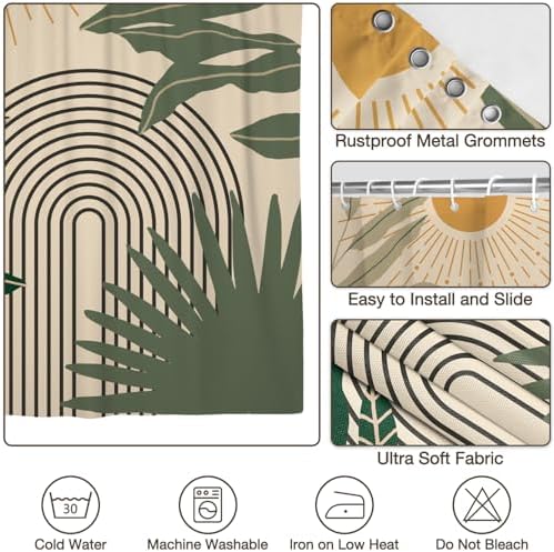 Boho Mid Century Shower Curtains for Bathroom, Modern Abstract Leaf Arch Sunset Pattern Botanical Geometric Bohemian Shower Curtain Waterproof Fabric Bath Decor with Hooks,Beige 60x72 Inch - Image 4