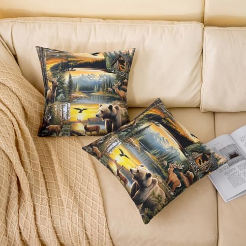 Manfei Lodge Pillow Covers Reversible Print Pack of 2,Rustic Cabin Bear Deer Elk Wild Animal Decorative Cushion Covers,Natural Hunting Adventure Retro Brown Couch Pillow Covers,24"x 24" - Image 2