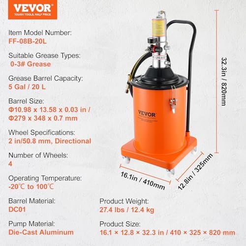 VEVOR Grease Pump, 5 Gallon Air Grease Pump with 13 ft High Pressure Hose and Grease Gun, 20L Pneumatic Grease Pump with Wheels, Portable Lubrication Grease Pump - Image 7