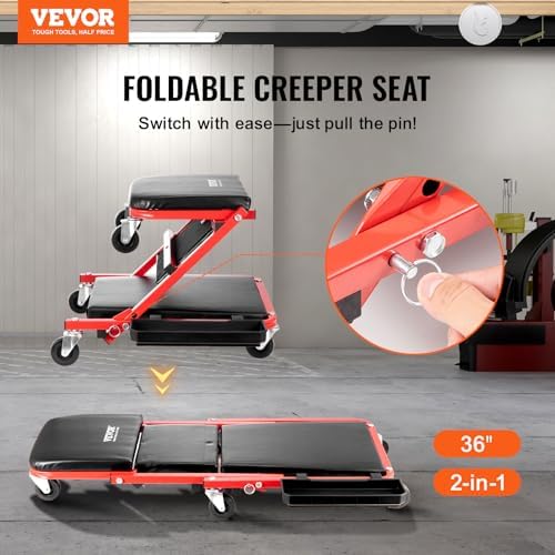 VEVOR Foldable Z Garage Creeper, 36 in, 300 lbs Load Capacity Rolling Folding Mechanic Creeper Stool, with 6 Wheels Tool Tray Padded Seat Steel Frame, Lay Down or Sit Chair for Garage Shop or Home - Image 2