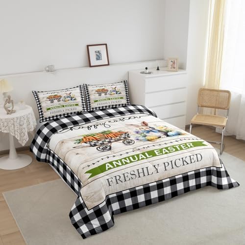 Homewish Easter Rabbit Comforter Set Twin Size,Watercolor Carrot Eggs Flower Bedding Set for Kids Girls Boys Adult Room Decor,Rustic Farmhouse Quilt Set Black White Plaid Duvet Insert,1 Pillowcase - Image 2