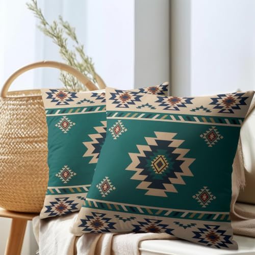 Sweetshow Western Native American Throw Pillow Covers 20x20 Inch Turquoise Blue Aztec Southwest Decorative Pillow Cases for Couch Set of 2 Linen Cushion Cover for Couch Sofa Patio Bedroom Livingroom - Image 7