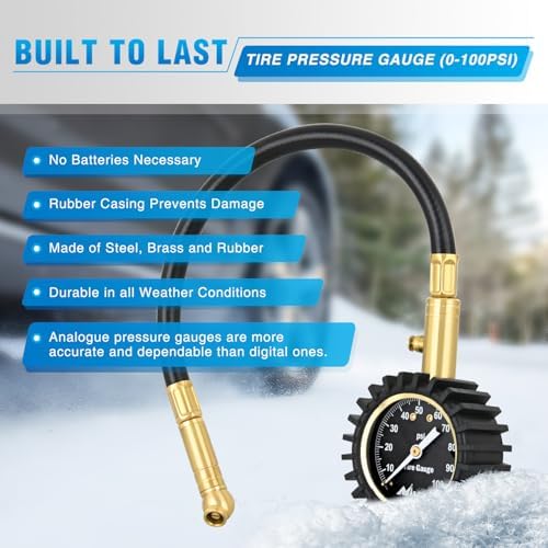 Nilight 100PSI Tire Pressure Gauge Glow Dial 14" Extended Hose