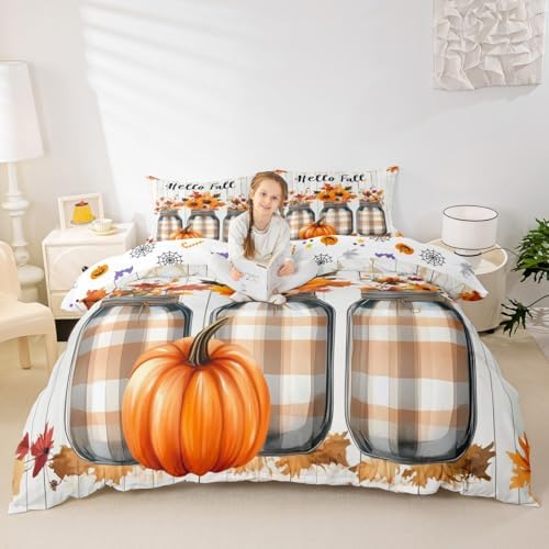 Erosebridal Fall Pumpkin Harvest Bedding Set Toddler, Happy Thanksgiving Duvet Cover for Kids Teens Adult Bedroom, Sunflower Maple Autumn Leaves Comforter Cover Rustic Farmhouse Barn Door Bed Set by Erosebridal
