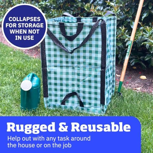 DURASACK Heavy Duty Home and Yard Bags 48-Gallon Reusable Self-Standing Lawn and Leaf Bags Garbage Can with Reinforced Handles, Gingham Green, 3 Pack - Image 5