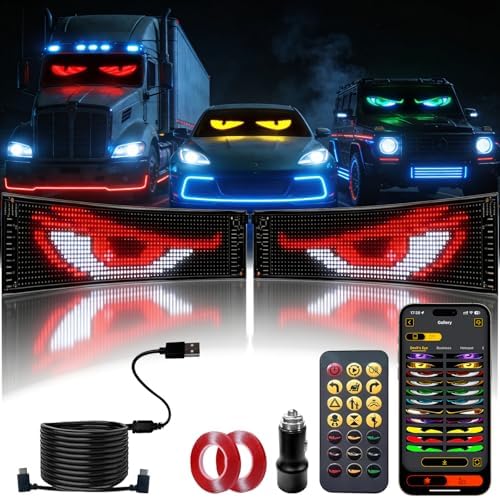 Super RGB LED Devil Eye Lights for Windshield 23"x5"[2PCs], Dual Screen Sync with APP & Remote Control, Windshield Eyes Animated, 5V-USB Powered, Programmable Evil Eyes for Car Truck RV Front Window