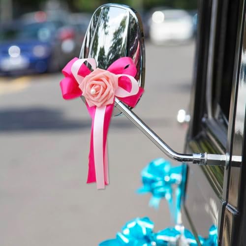 12 Pieces Wedding Car Flower Decoration Artificial Rose Flower with Ribbon Bows Wedding Aisle Chair Back Flowers Decor Car Door Handles Rearview Mirror Decorative Flower,Pink - Image 2