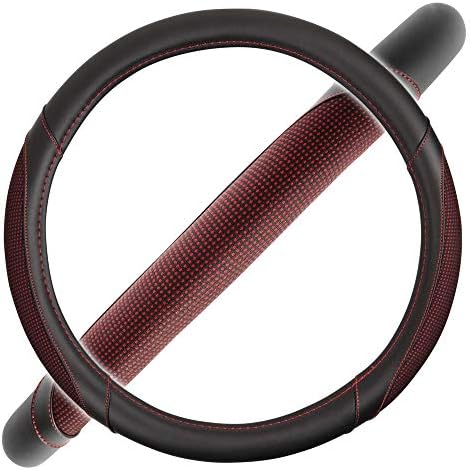 Motor Trend Wine Steering Wheel Cover - Dotted Comfort Polyester Grip on Stitched Synthetic Leather, Wine Stitching/Black