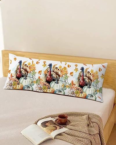 Pillow Covers 20x54 Inch - Body Thanksgiving Watercolor Turkey with Pumpkins White Soft Brushed Microfiber Pillowcases with Hidden Zipper Closure Bed Pillow Shams for Bedroom Sofa Car - Image 5