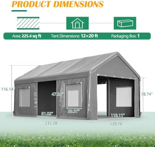 KEIKI 12x20 FT Heavy Duty Carport Canopy, Portable Outdoor Garage,Gray - Image 2