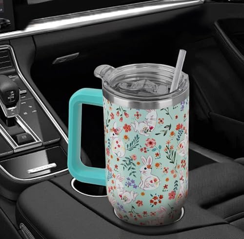 Easter Tumbler 40oz Bunny Floral Coffee Mugs Cute Spring Peeps Leak Proof Cups with Handle and Straw Stainless Steel Vacuum Insulated Water Bottle Easter Gifts for Rabbit Lover (1PCS) - Image 6