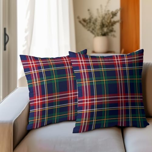 Christmas Tartan Pillow Covers 22x22 Set of 2 Navy Blue Green Red Plaid Print Decorative Outdoor Xmas Throw Pillow Cases Rustic Winter Holiday Decoration Farmhouse Sofa Couch Cushion Cover Bed Decor - Image 3
