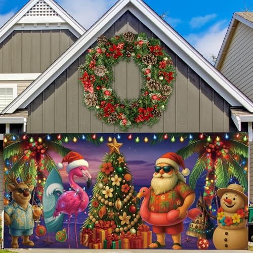 Preboun Summer Christmas Beach Garage Door Banner Cover Santa Flamingo - Image 4