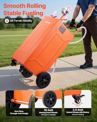 VEVOR 35 Gallon Fuel Gas Caddy, Carbon Steel, Portable Fuel Transfer Storage Tank with Manual Pump & 4 Wheels, Gasoline Diesel Can Container, for Cars, Lawn Mowers, ATVs, Boats, Motorcycles, Orange - Image 4