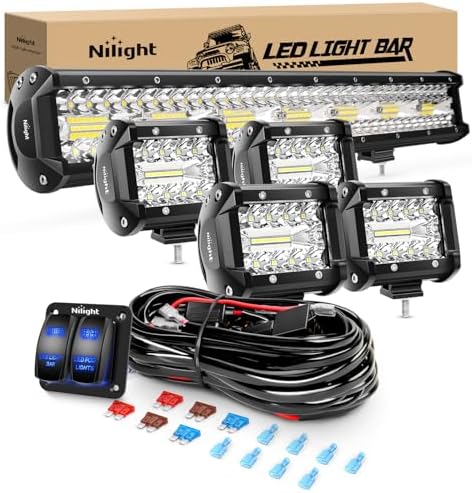 Nilight 20Inch 420W Triple Row Spot Flood Combo Led Light Bar Work Driving Lamp 4Pcs 4Inch 60W Cube LED Pods Lights with Wiring Harness Kit for Trucks Jeeps ATVs UTVs Motorcycles Ships Yachts-5 Leads