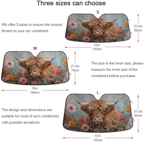 Highland Cows Florals Car Windshield Sun Shade Foldable UV Ray Sun Visor Protector Sunshade to Keep Your Vehicle Cool (57" x 31.5")