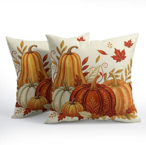 Fall Pumpkin Pillow Covers 22x22 Set of 2 Vintage Burnt Orange Maple Leaves Outdoor Throw Pillows Covers Autumn Thanksgiving Cream Farmhouse Decorative Farmhouse Cushion Case for Room Couch Sofa - Image 2
