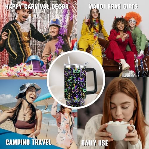 Mardi Gras Tumbler 40 oz Carnival Masks Tumbler Coffee Mugs Leak Proof Cups with Handle and Straw Stainless Steel Insulated Water Bottle for Mardi Gras Decor Gifts(1PCS) - Image 7