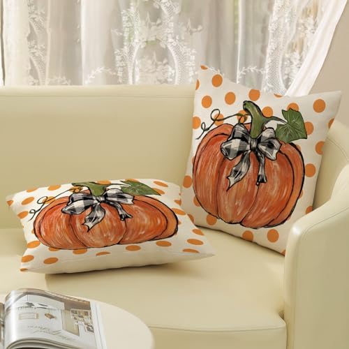 Fall Pillow Covers 18x18 Set of 2 Orange Pumpkin Leaf and Polka Dot Fall Decor Pillowcase Autumn Thanksgiving Decorative Outdoor Throw Pillow Covers Linen Farmhouse Cushion Case for Sofa Home - Image 4