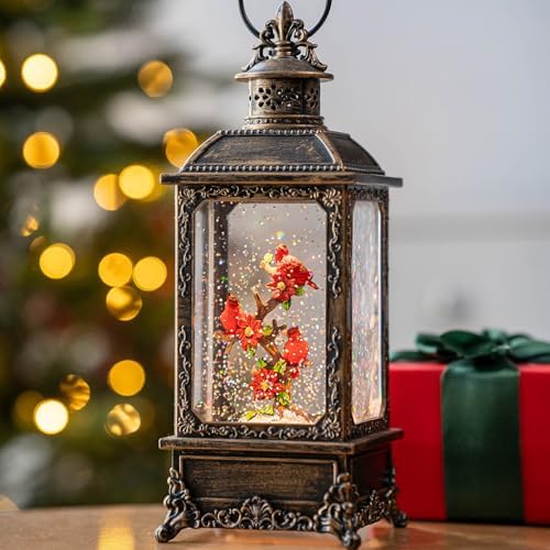 Christmas Snow Globe Water Glittering Cardinal Lantern with Music & Timer, USB Lined/Battery Operated Lighted Lantern for Christmas Festival Decoration Gifts by Qualdout