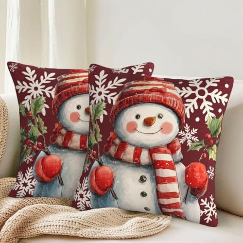 KiuLoam Red Snowman Snowflake Christmas Pillow Covers 22x22 Set of 2, Winter Xmas Print Decorative Throw Pillow Cases, Holiday Style Outdoor Cushion Covers for Living Room Sofa Couch Bed - Image 2