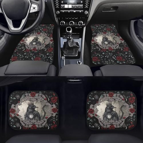 Raven 4 Pcs Car Floor Mats Retro Gothic Crown Crow Clock All Weather Anti Slip Front Rear Row Foot Mat Gothic Red Rose Thorn Car Interior Universal Fit for SUV Truck
