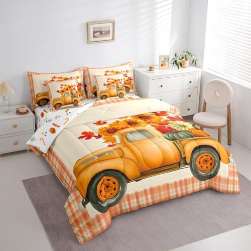 Thanksgiving Pumpkin Bed in a Bag 7 Pieces Full Size Comforter Set,Maple Leaves Truck Sunflower Bedding Sets Autumn Decor Farmhouse Fall Decor Bed Set with Comforter,Sheets,Pillowcases & Shams - Image 2