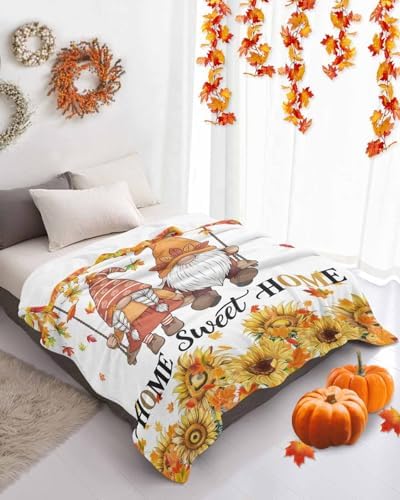 DecorLovee Orange Fall Blanket 40"x60", Reversible Gnomes Thanksgiving Throw Blanket for Couch/Bed/Camping, Maple Leaf Sunflower Lightweight Soft Throw Blanket for Boys, Warm Fuzzy Blankets for Winter - Image 4