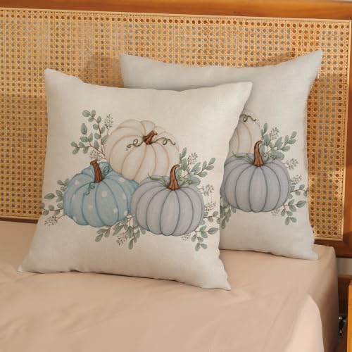 Fall White Teal Blue Pumpkin Leaf Pillow Covers 18x18 Set of 2 - Image 3