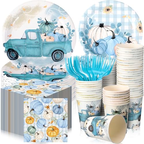 Sliner 180 Pcs Thanksgiving Disposable Dinnerware Set, Blue Car Pumpkin by Sliner