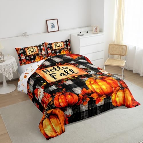 Erosebridal Gnome Comforter Set King Size Fall Pumpkin Bedding Set Thanksgiving Sunflower Fruits Autumn Harvest Down Comforter for Boys Child Teens Maple Leaves Duvet Insert Room Decor 3 Pieces - Image 4