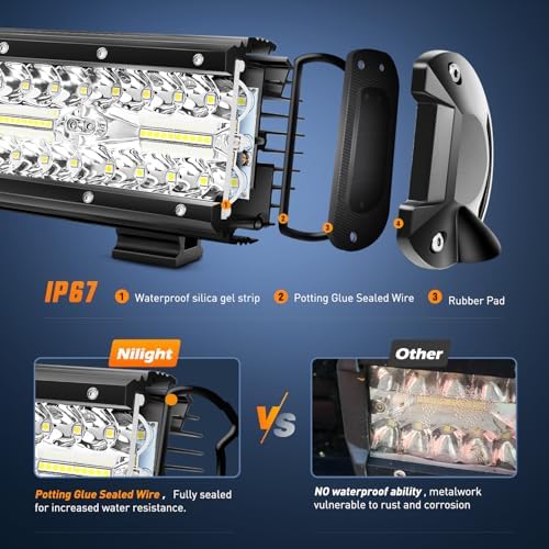 Nilight Led Light Bar 12Inch 300W Triple Row Flood Spot Combo 30000LM Bar Driving Boat Lighting Led Off Road Lights for Trucks,2 Years Warranty