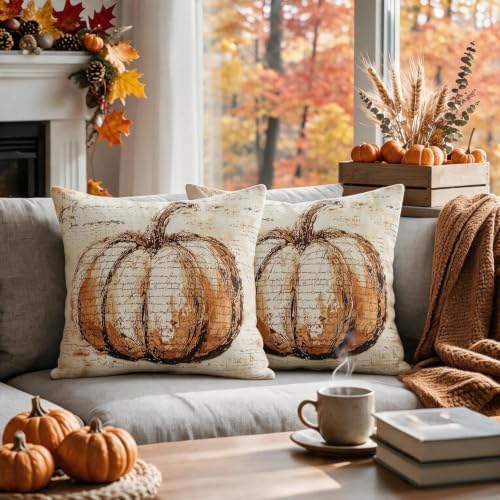 Fall Pillow Covers 16x16 Set of 2, Vintage Pumpkin Autumn Themed Thanksgiving Decorative Throw Pillow Cases Outdoor Rustic Seasonal Farmhouse Decor for Sofa Couch Bed - Image 2