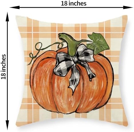 Fall Pillow Covers 18x18 Set of 2 Orange Pumpkin Leaf Buffalo Plaid Fall Decor Pillowcase Autumn Thanksgiving Decorative Outdoor Throw Pillow Covers Linen Farmhouse Cushion Case for Sofa Home - Image 6