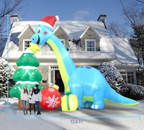 13.6 Ft Long Christmas Inflatable Decorations, Huge Xmas Inflatable Dragon Dinosaur with Trees Gift Hats Decors Built-in LED Lights Stakes Blow Up Yard Lawn Garden Party Santa Inflatables de Navidad - Image 2