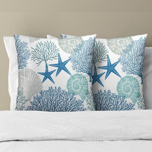 Summer Ocean Themed Nautical Coastal Throw Pillow Covers 18X18 Inches Set of 2 Blue Seashell Starfish Coral Pillowcase Soft Cotton Square Cushion Covers for Home Sofa Patio Bedroom Decoration - Image 3