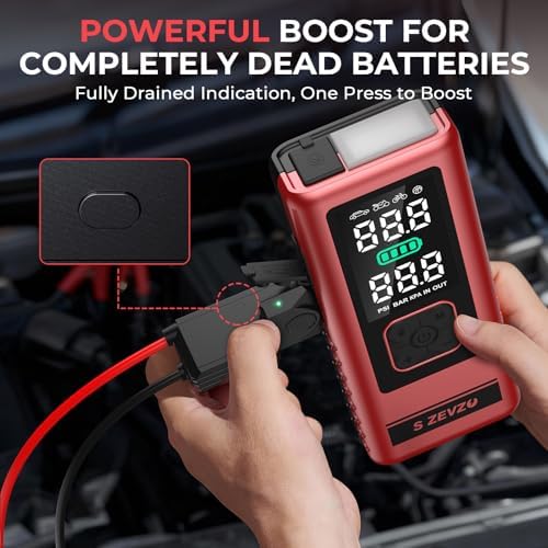 S ZEVZO Car Jump Starter with Air Compressor, 6000A 150PSI Jump Box Battery Pack(6.0 Gas/4.0L Diesel), Portable 12V Jump Box with Auto-Shutoff Tire Inflator, USB Ports, LCD Display & LED Light - Image 5