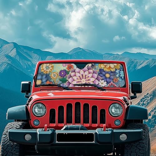 Renewold Car Front Window Sun Shade Automotive Windshield Sunshade for Jeep Wrangler JK JKU JL JLU 2/4 Door Gladiator JT 2020-2023 Boho Flower Auto Sun Blocker Visor Protector Shield Car Accessories